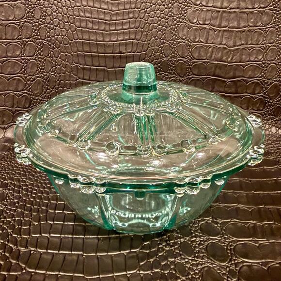 RARE Vintage UV Reactive Aquamarine Blue Jeannette Glass Covered Candy Box GLOWS - Picture 3 of 9